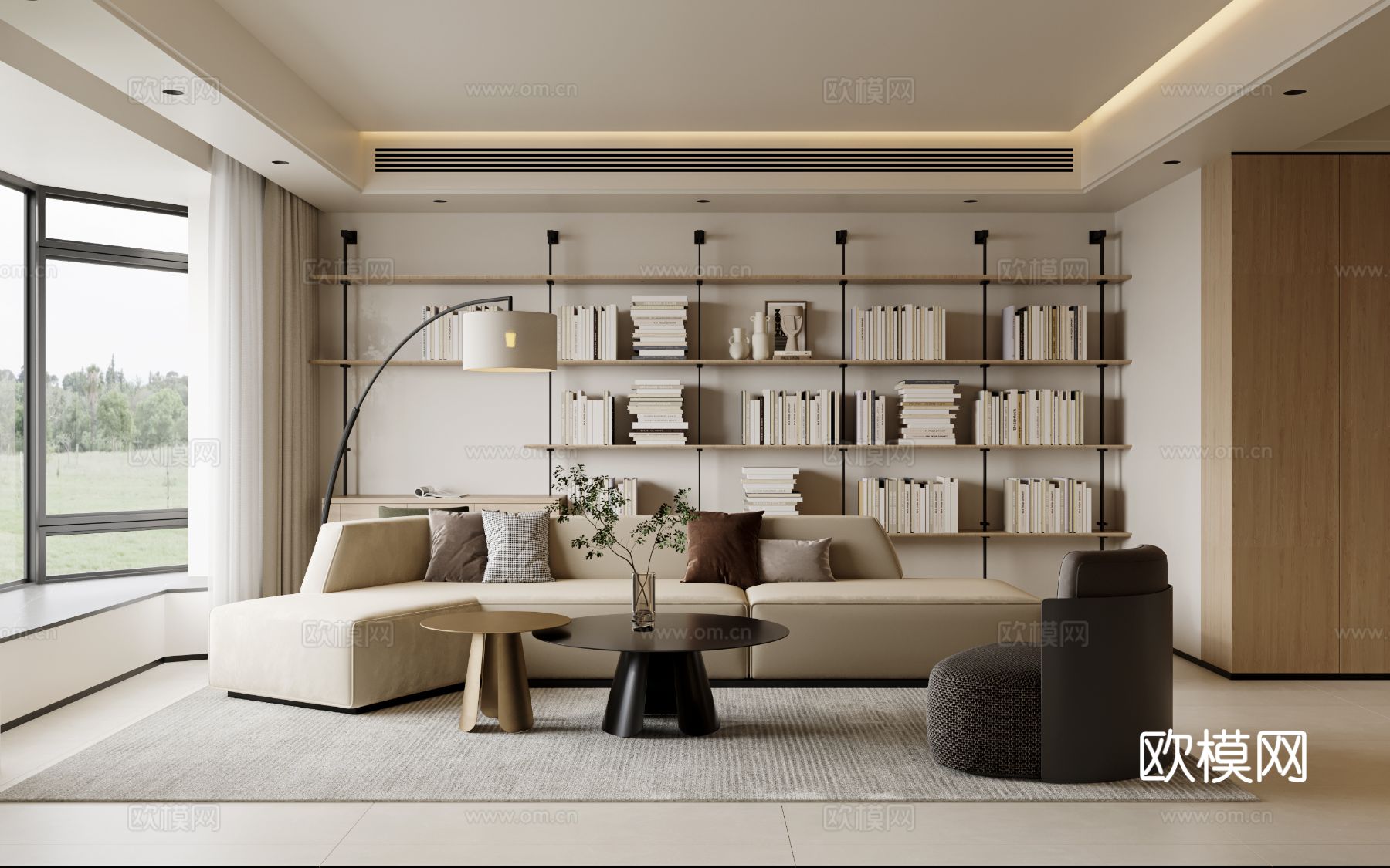 奶油风家装案例客厅 卧室效果图下载（渲染图2）