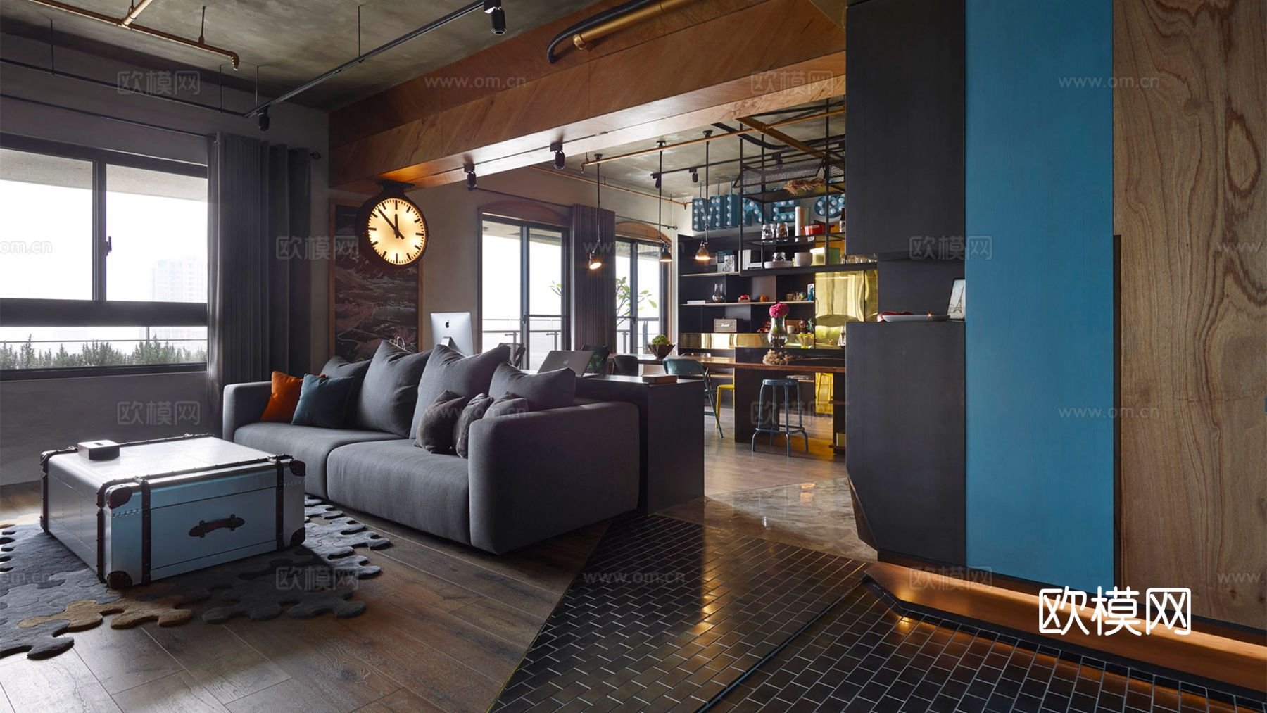 现代工业风家装设计 餐厅客厅卧室效果图下载（渲染图2）