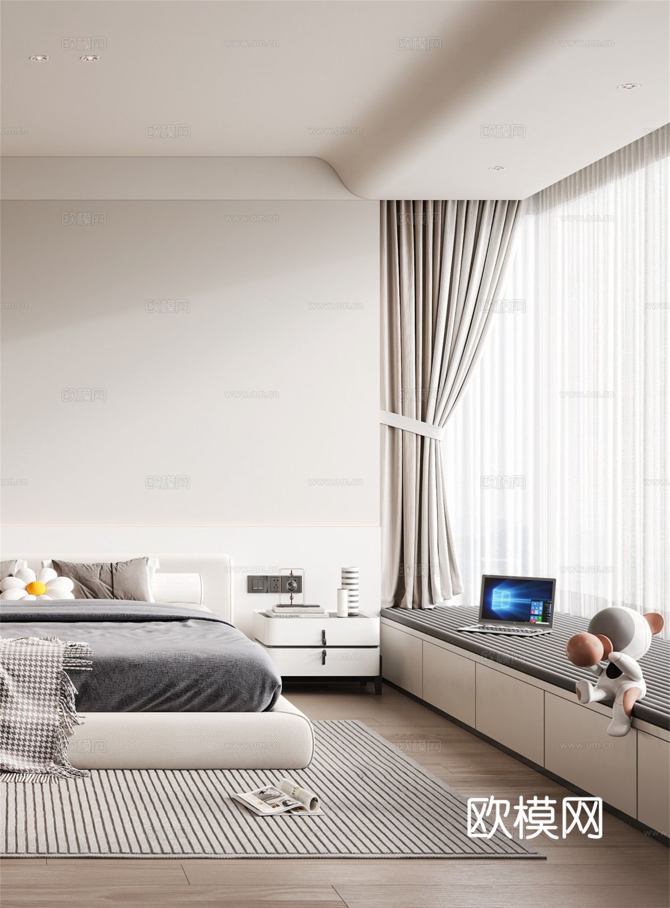 奶油风家装案例客厅 卧室效果图下载（渲染图2）