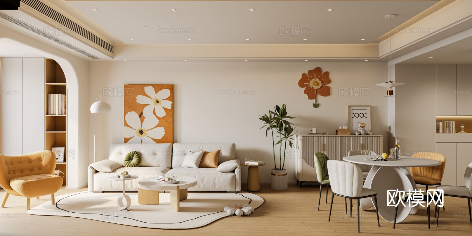 奶油风家装案例客厅 卧室效果图下载（渲染图1）