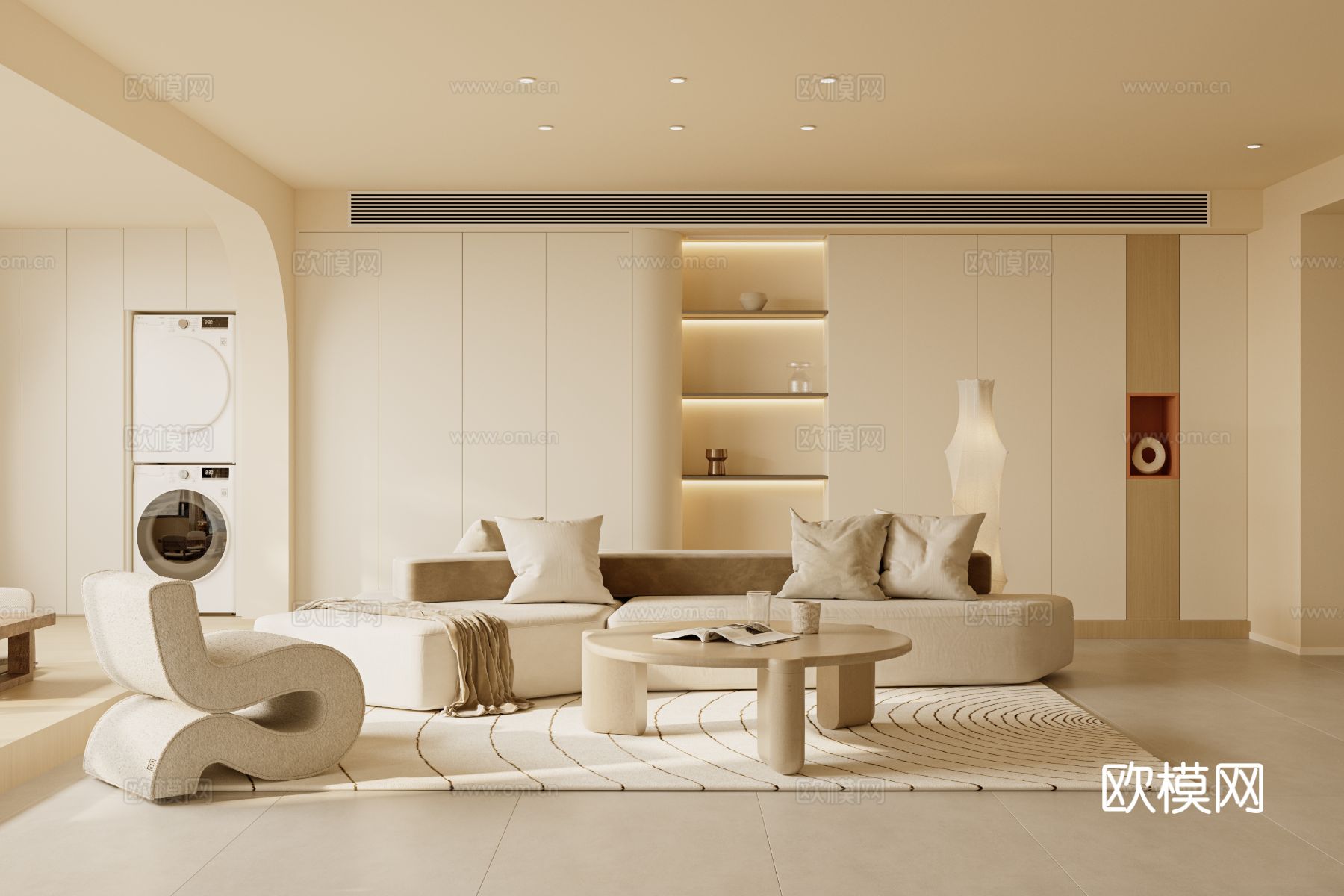 奶油风家装案例客厅 卧室效果图下载（渲染图1）