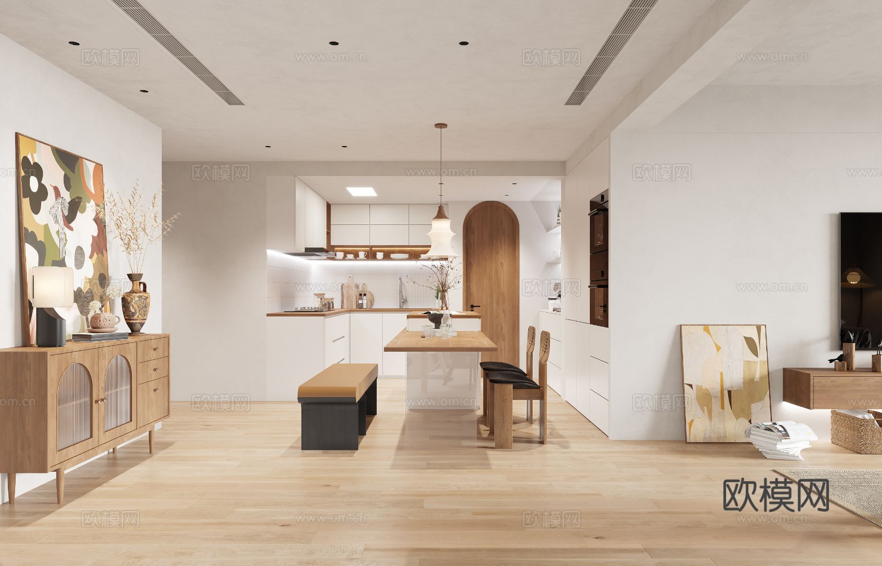 奶油风家装案例客厅 卧室效果图下载（渲染图4）