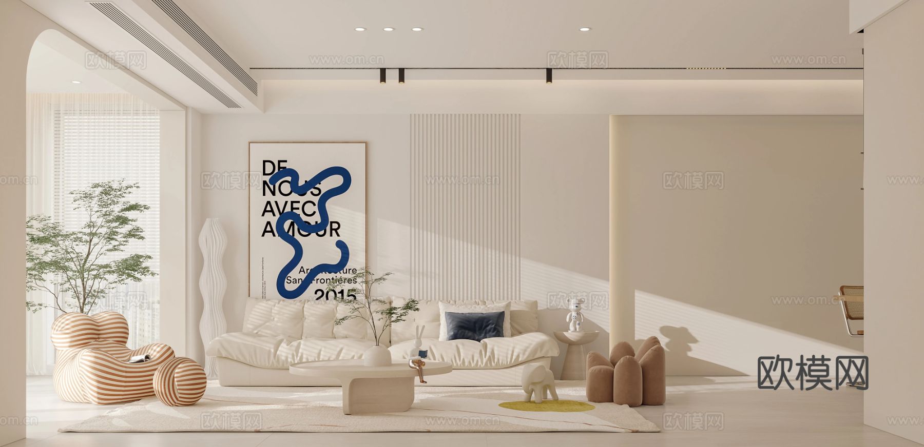 奶油风家装案例 客厅 卧室效果图下载（渲染图1）