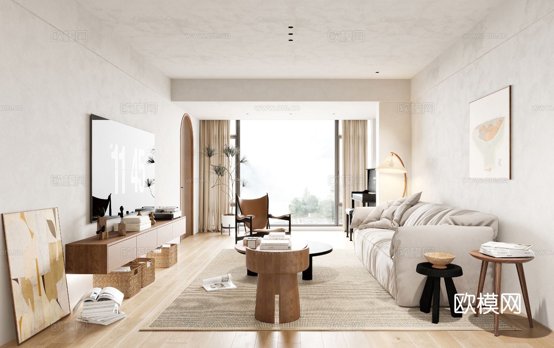 奶油风家装案例客厅 卧室效果图下载（渲染图1）