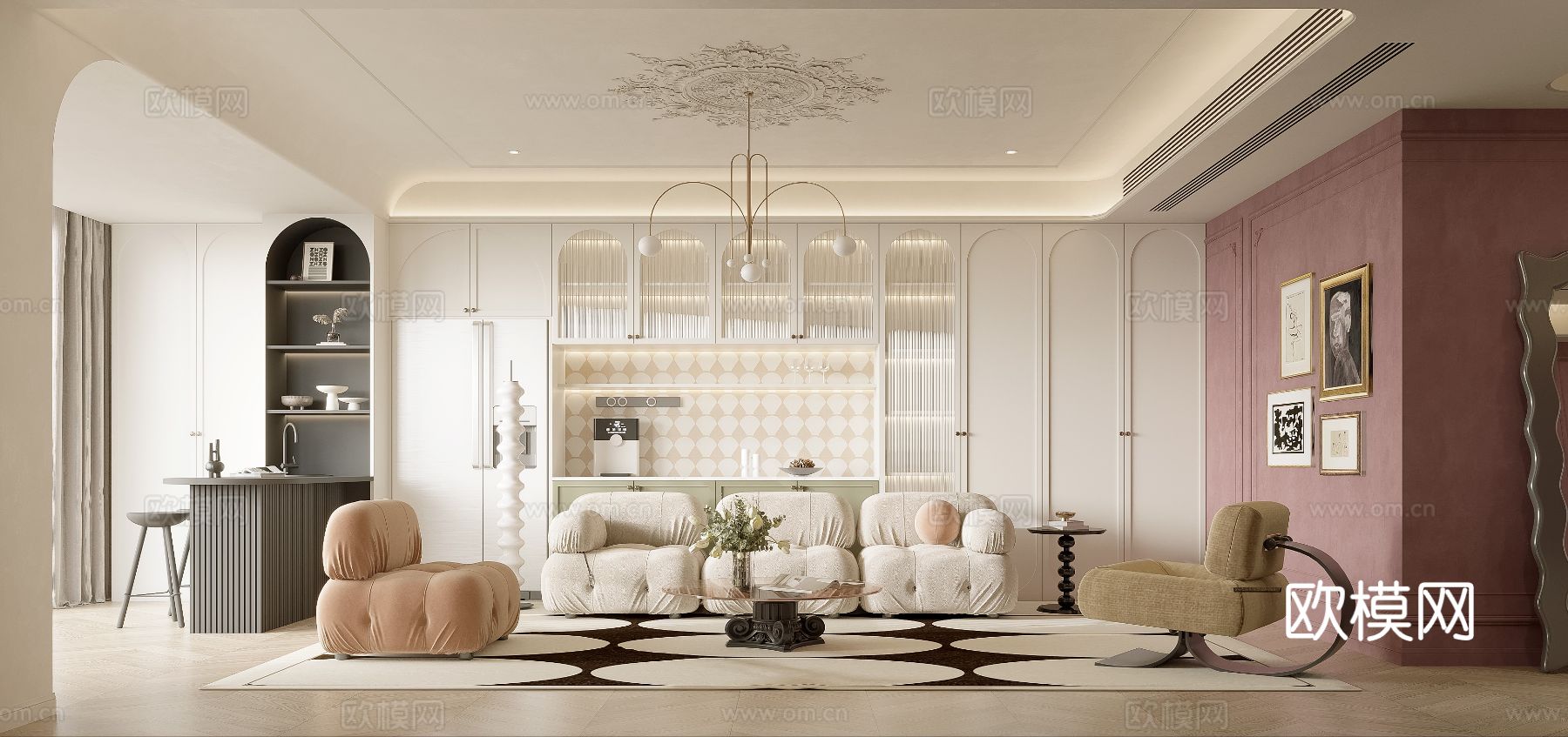 奶油风家装 大平层案例 客厅 卧室效果图下载（渲染图1）