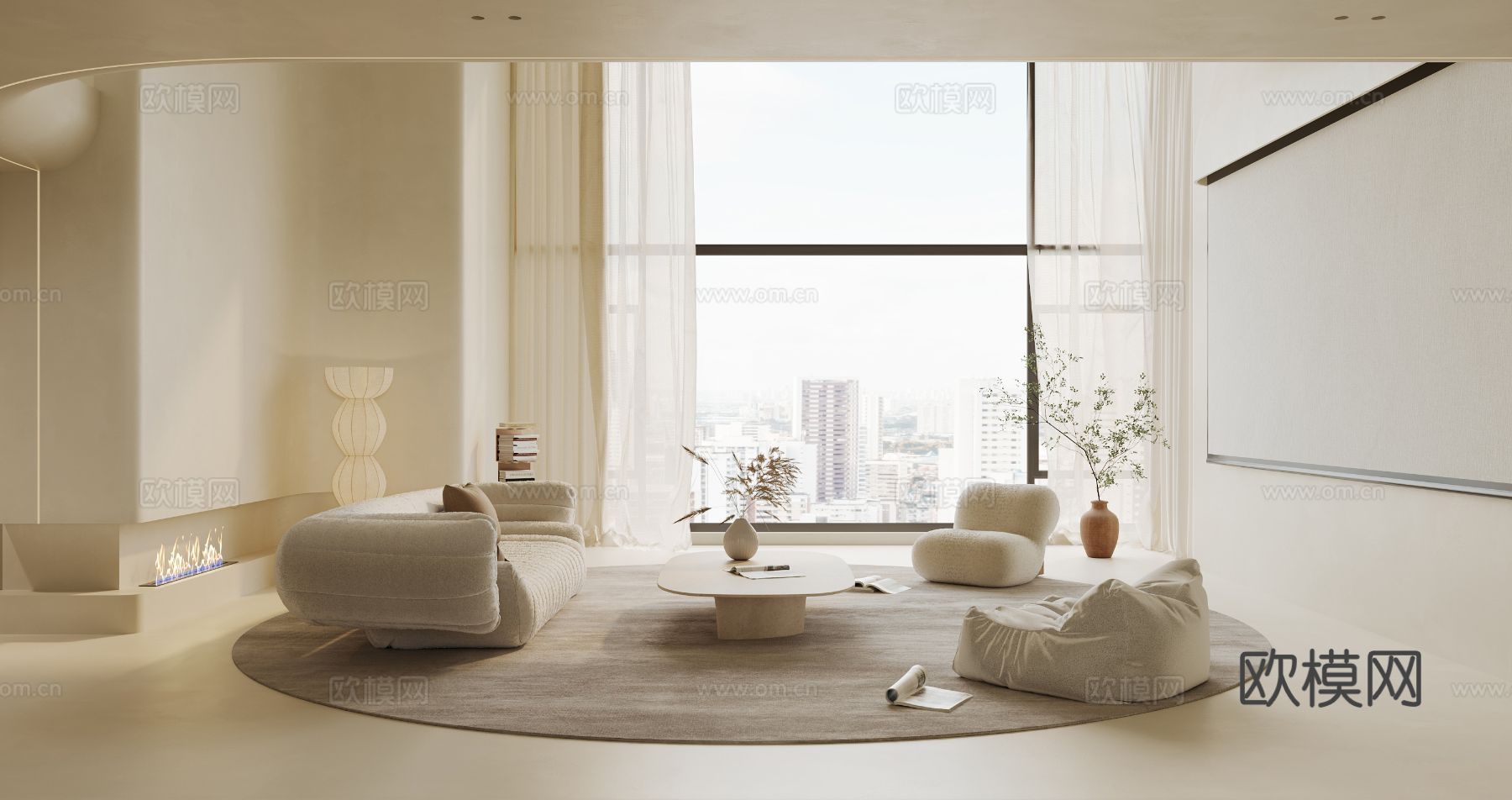 奶油风家装复式案例客厅 卧室效果图下载（渲染图1）