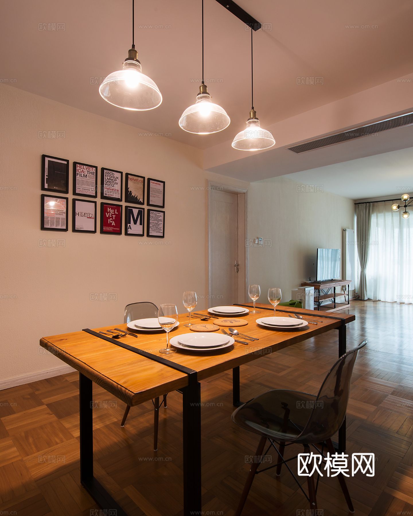 现代工业风平层家装 餐厅客厅卧室效果图下载（渲染图13）