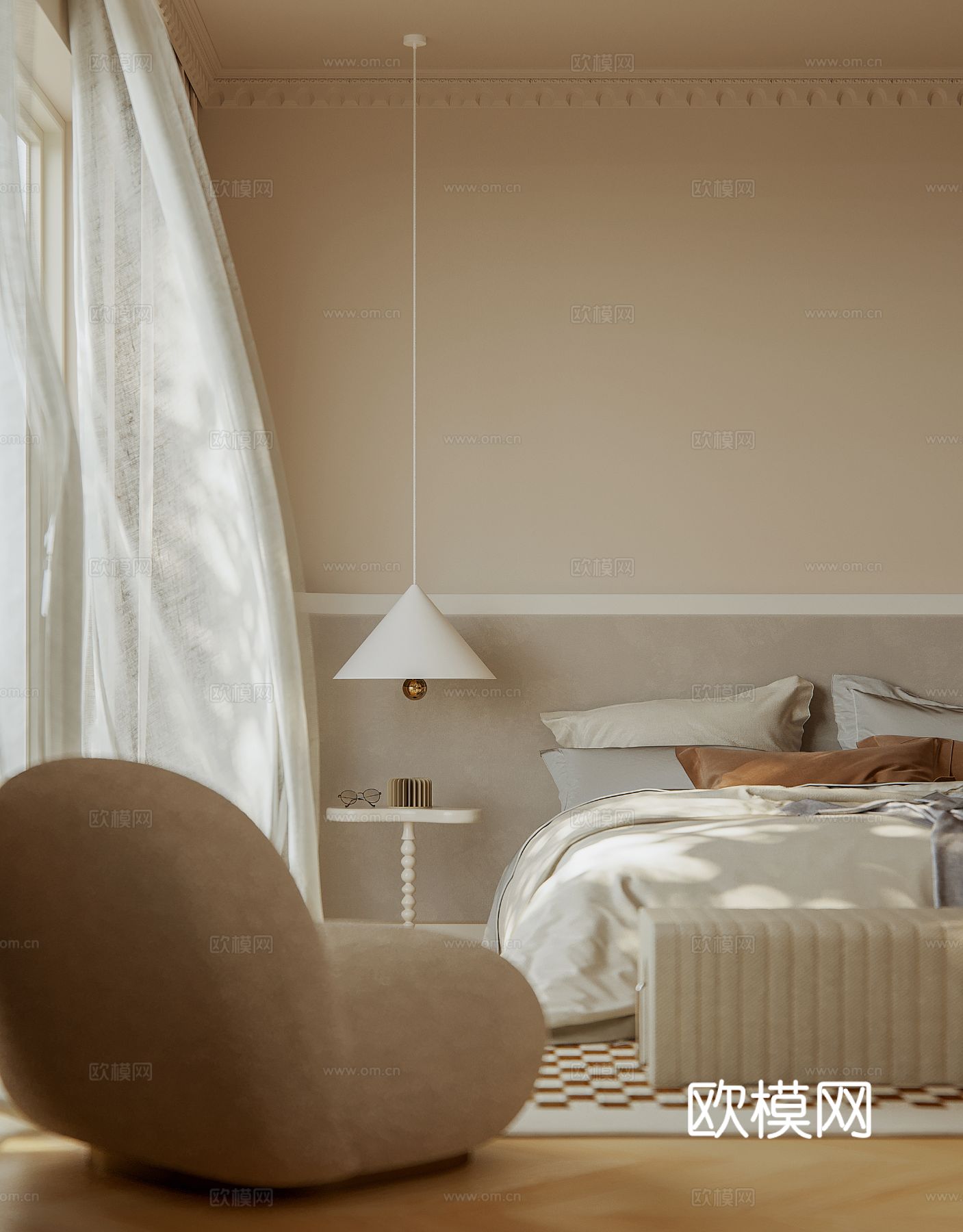 奶油风家装案例客厅 卧室效果图下载（渲染图5）