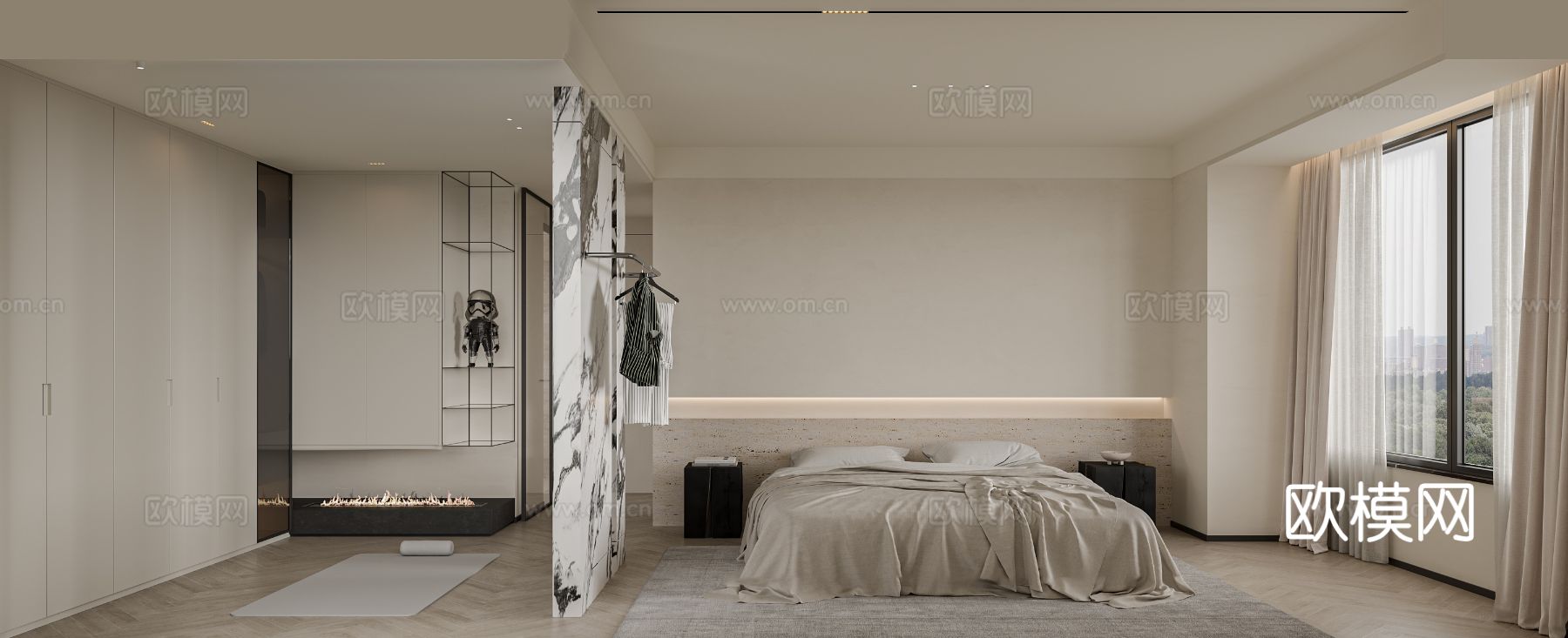 奶油风家装案例客厅 卧室效果图下载（渲染图3）