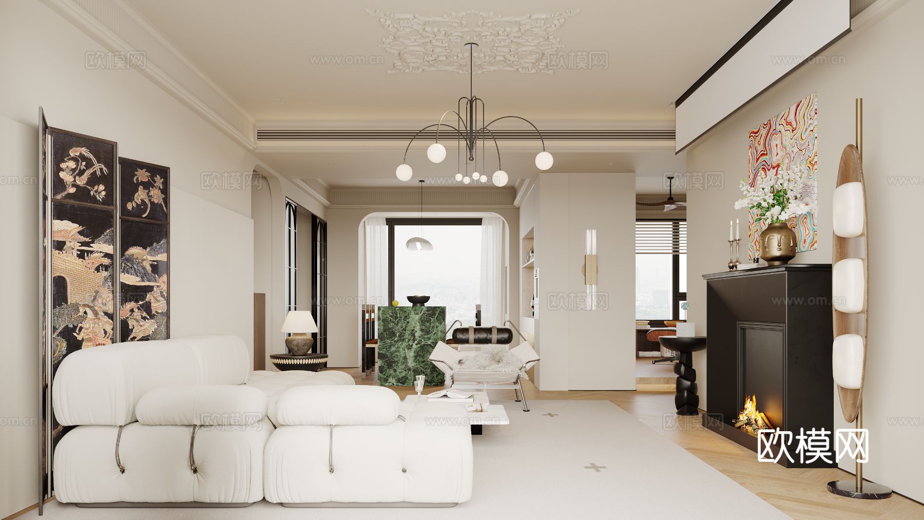 奶油风家装案例客厅卧室效果图下载（渲染图3）