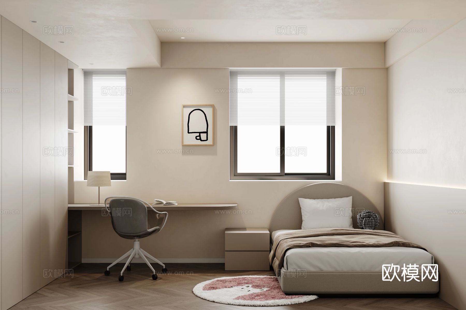 奶油风家装案例 客厅卧室效果图下载（渲染图2）