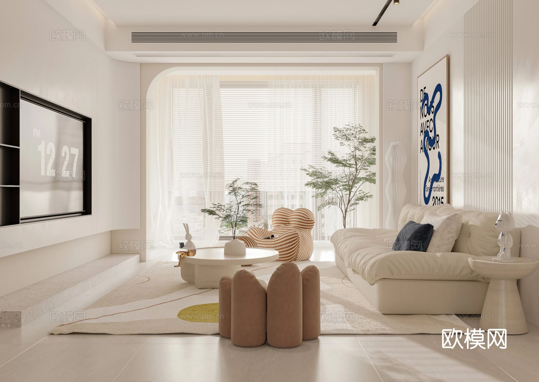 奶油风家装案例 客厅 卧室效果图下载（渲染图6）