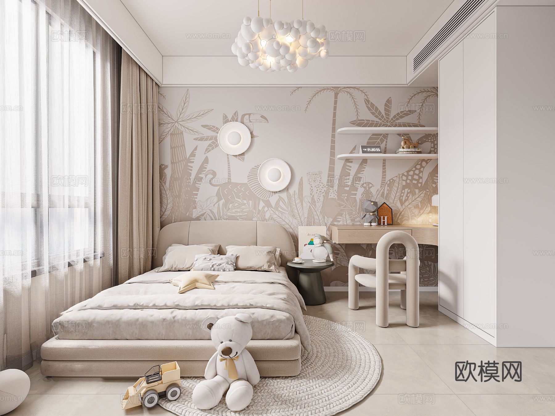 奶油风家装案例 客厅 卧室效果图下载（渲染图6）