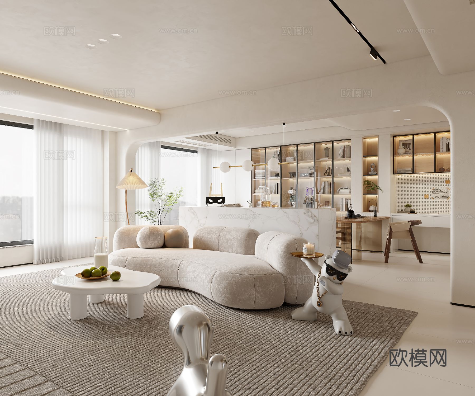 奶油风家装案例客厅 卧室效果图下载（渲染图1）