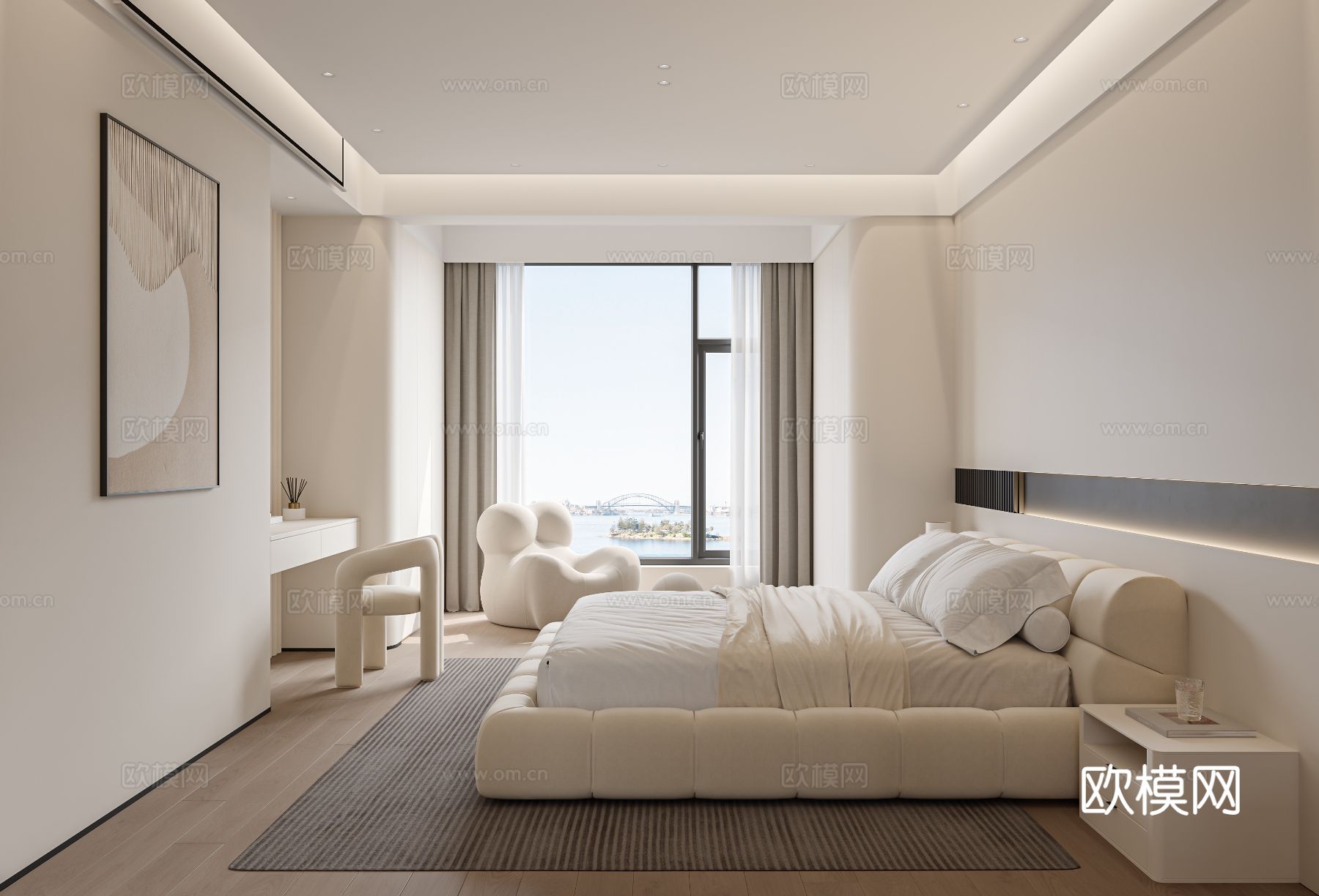 奶油风复式家装案例客厅 卧室效果图下载（渲染图14）