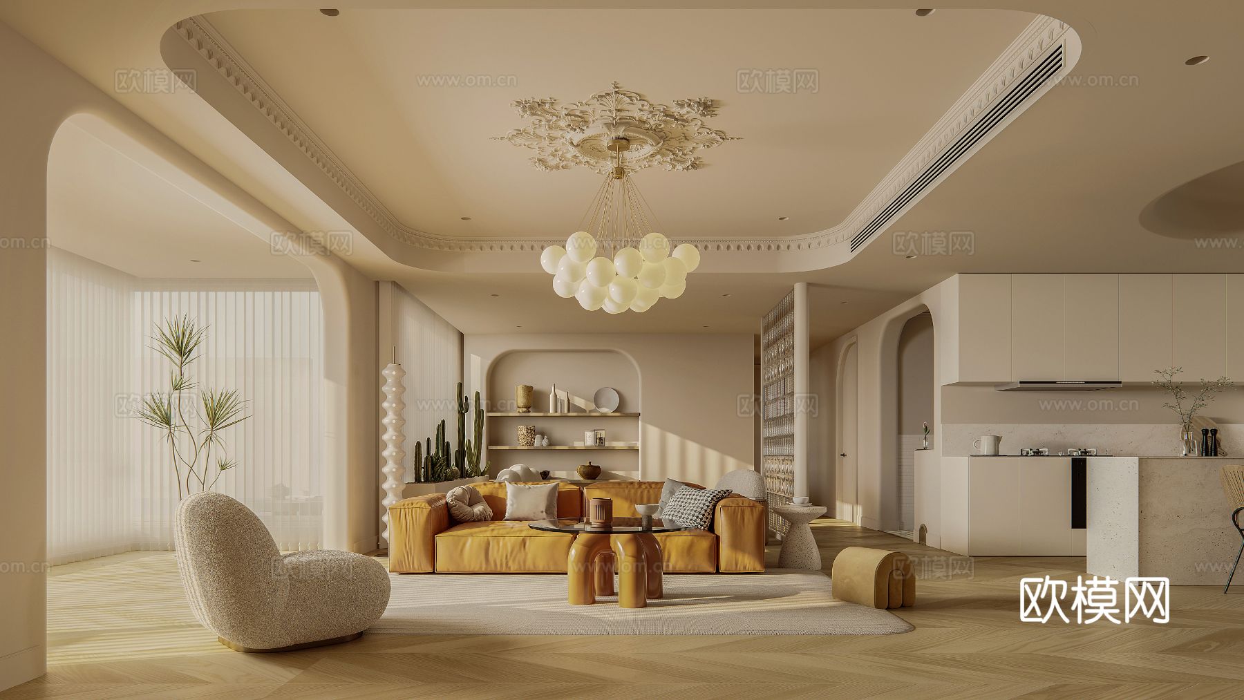 奶油风家装案例客厅 卧室效果图下载（渲染图7）