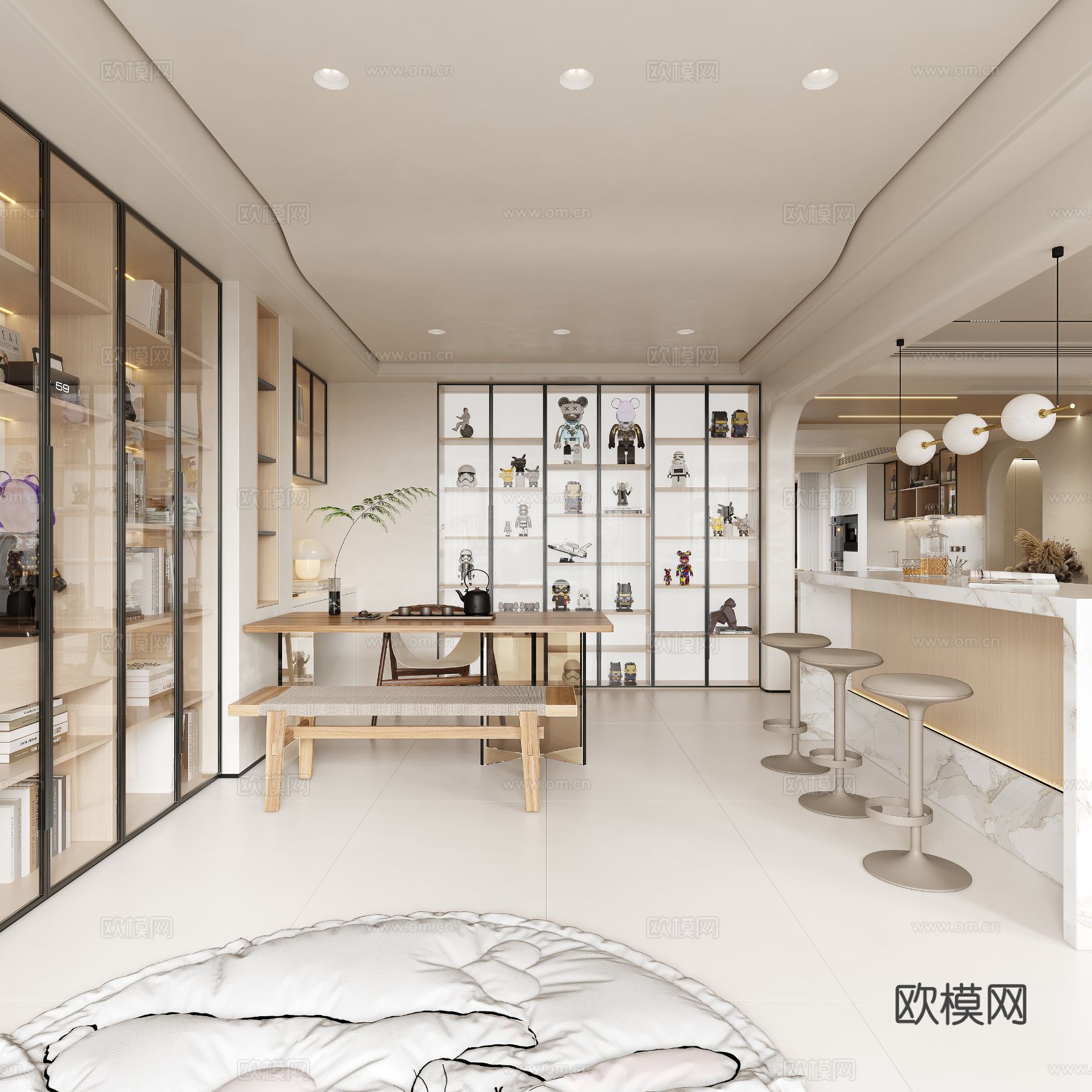 奶油风家装案例客厅 卧室效果图下载（渲染图9）