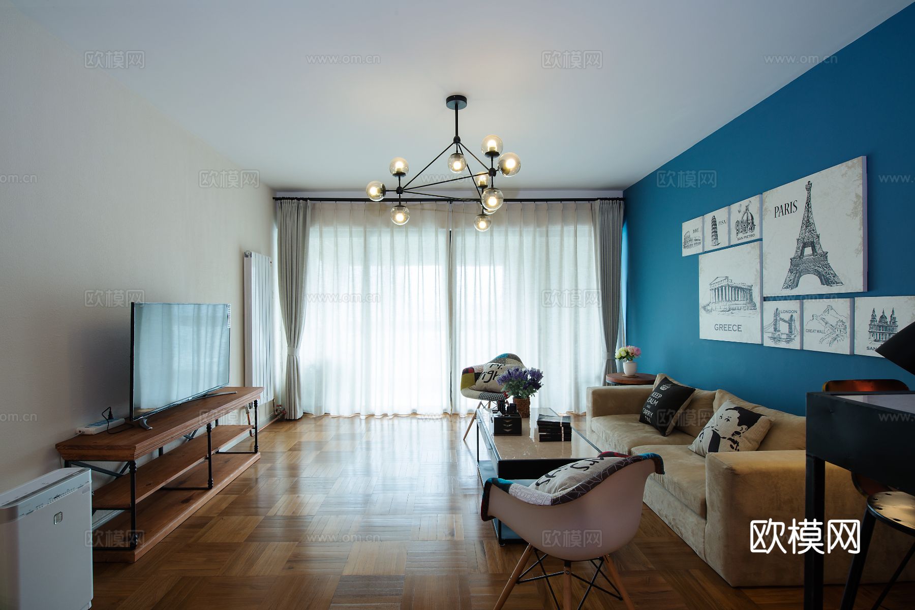 现代工业风平层家装 餐厅客厅卧室效果图下载（渲染图7）