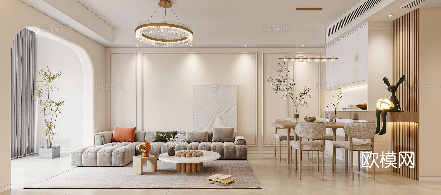 奶油风家装案例 客厅 卧室效果图下载（渲染图2）