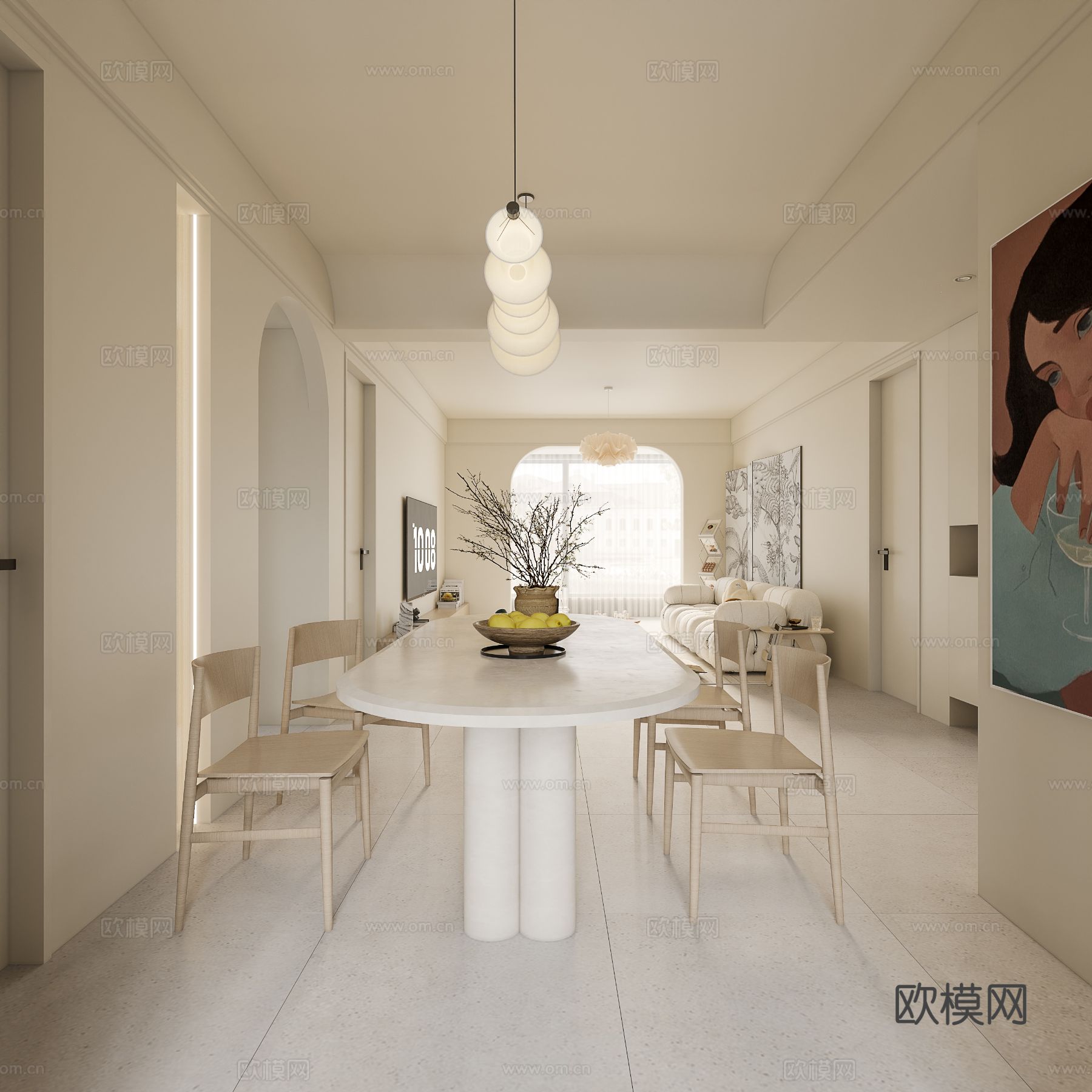 奶油风家装案例客厅 卧室效果图下载（渲染图6）