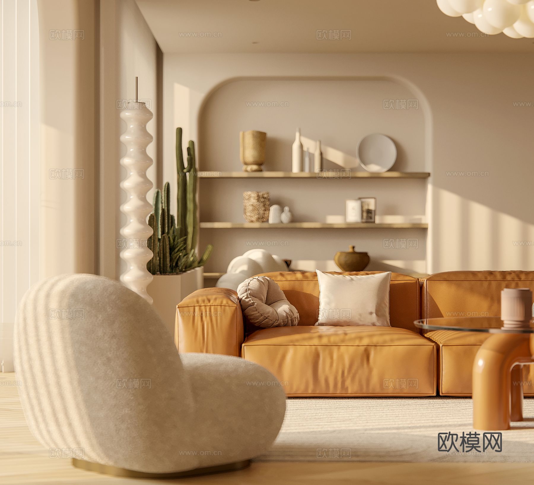 奶油风家装案例客厅 卧室效果图下载（渲染图4）