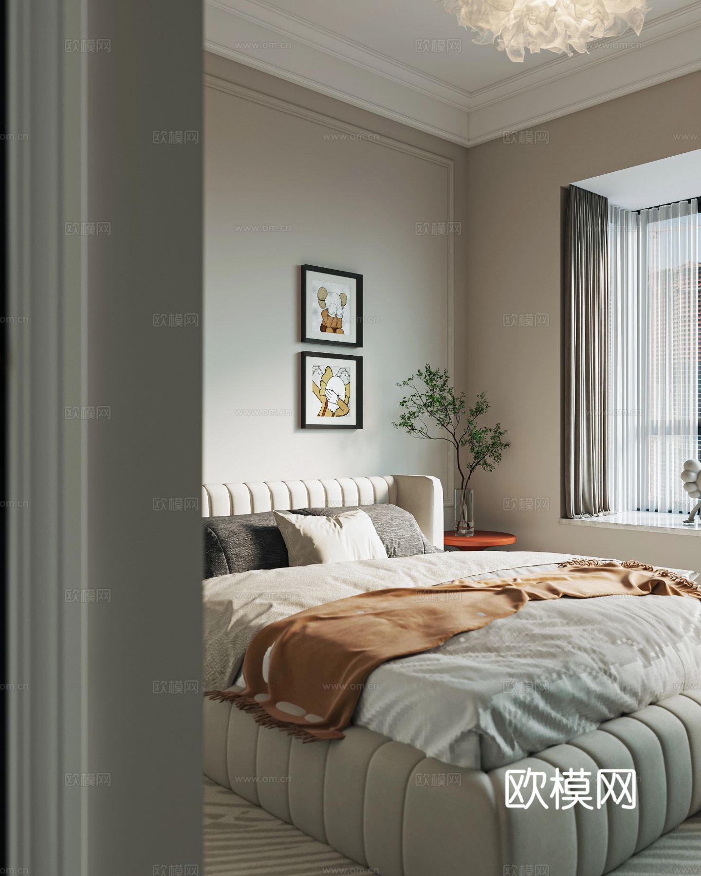 奶油风家装案例 客厅 卧室效果图下载（渲染图3）