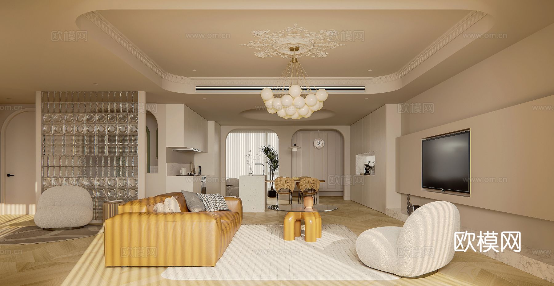 奶油风家装案例客厅 卧室效果图下载（渲染图6）