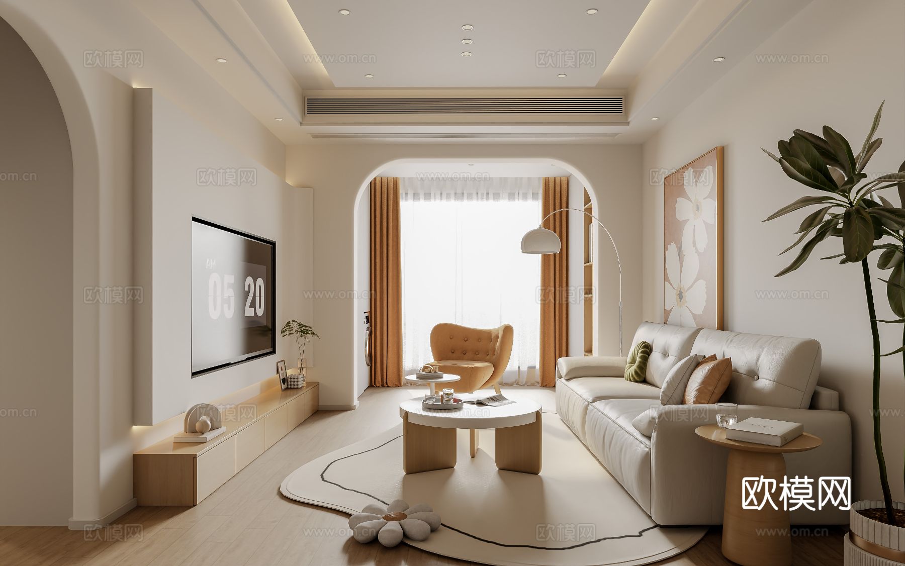 奶油风家装案例客厅 卧室效果图下载（渲染图9）