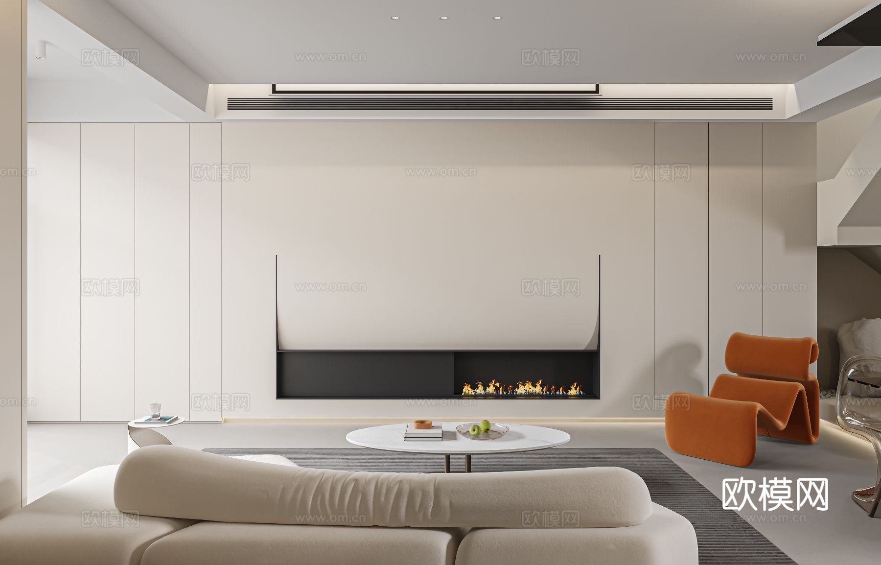 奶油风复式家装案例客厅 卧室效果图下载（渲染图4）