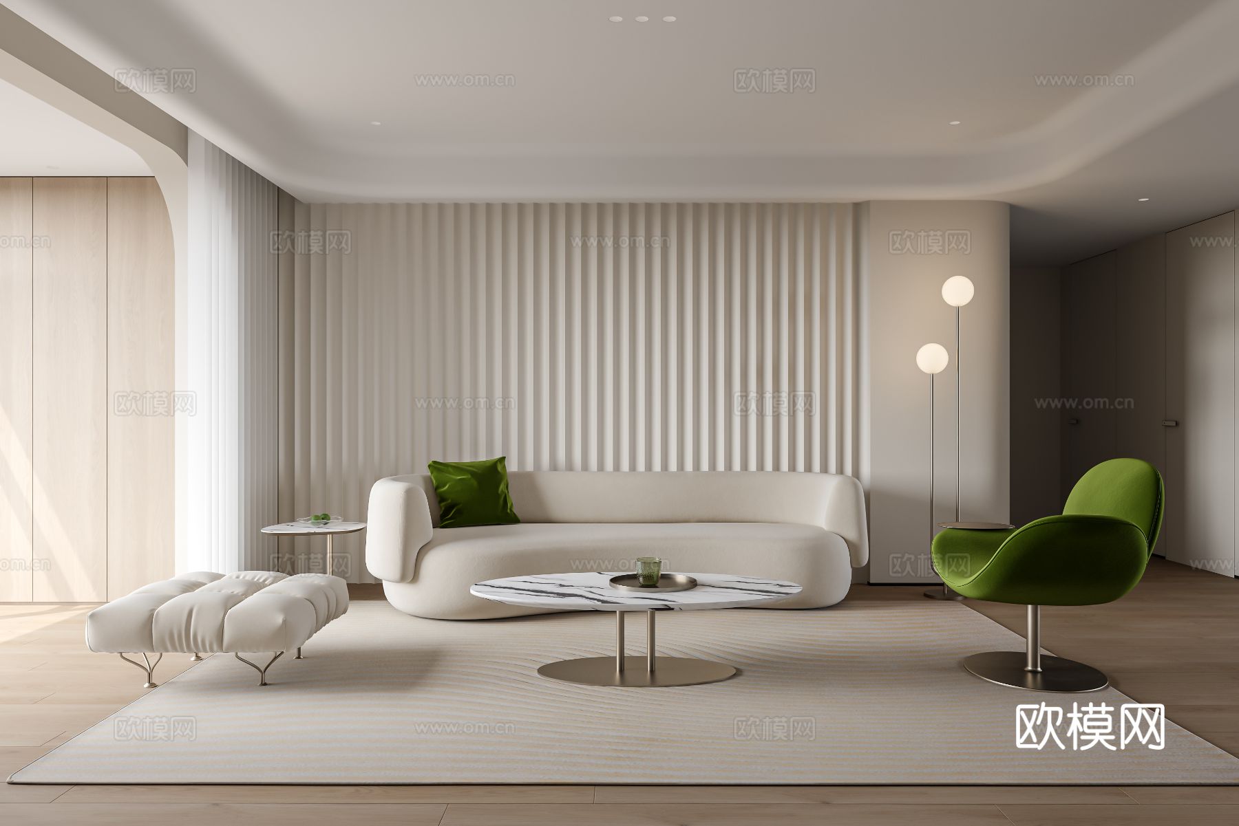 奶油风家装案例客厅 卧室效果图下载（渲染图1）