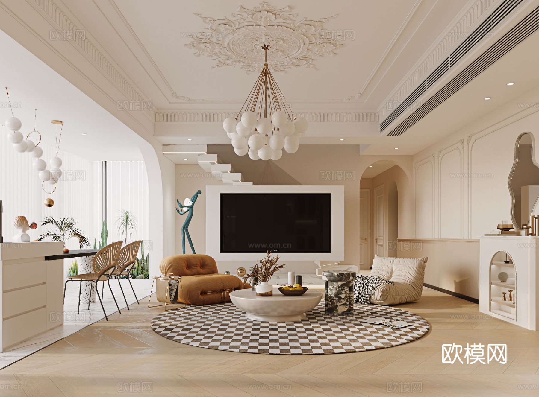 奶油风家装案例 客厅 卧室效果图下载（渲染图7）