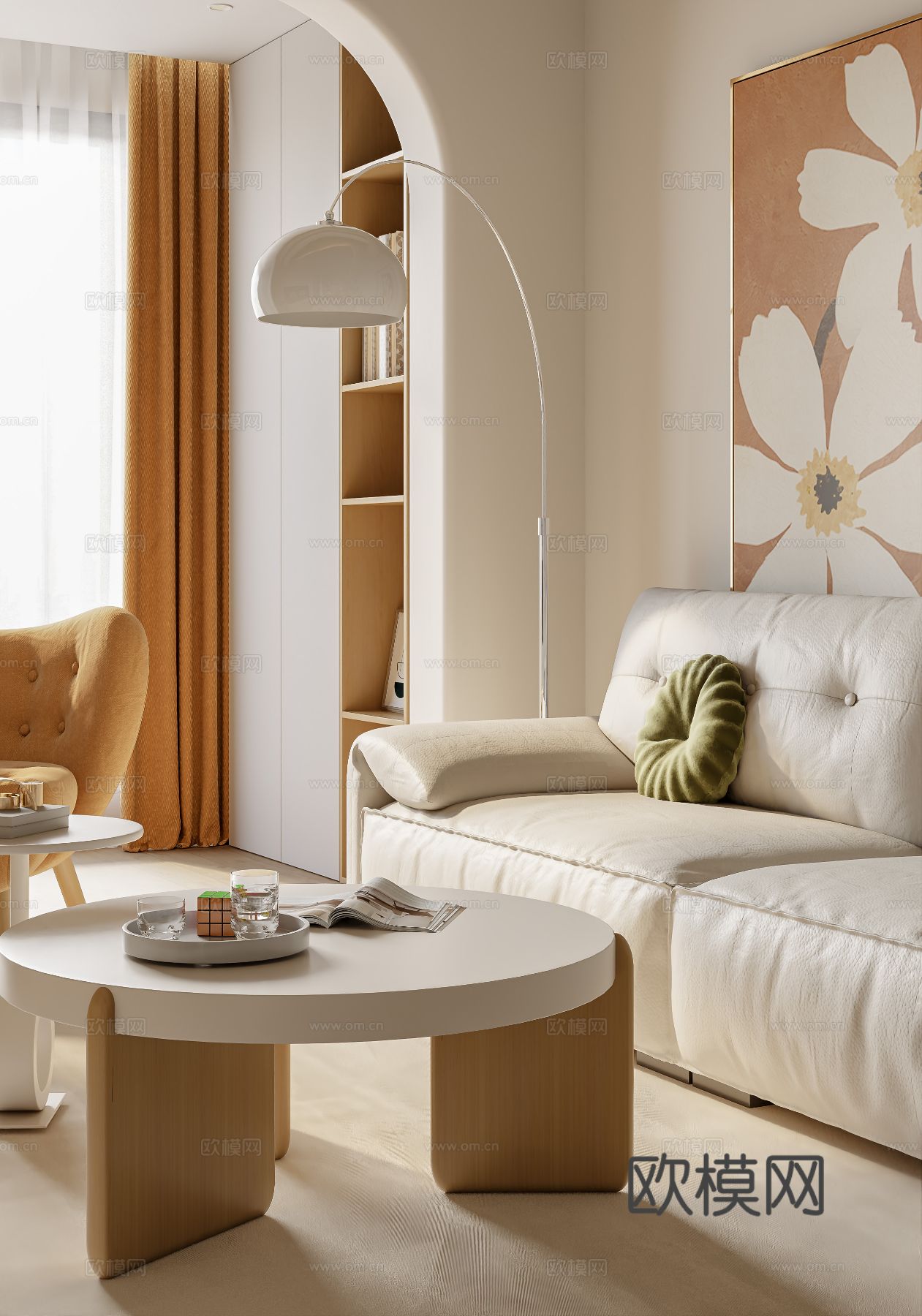 奶油风家装案例客厅 卧室效果图下载（渲染图4）