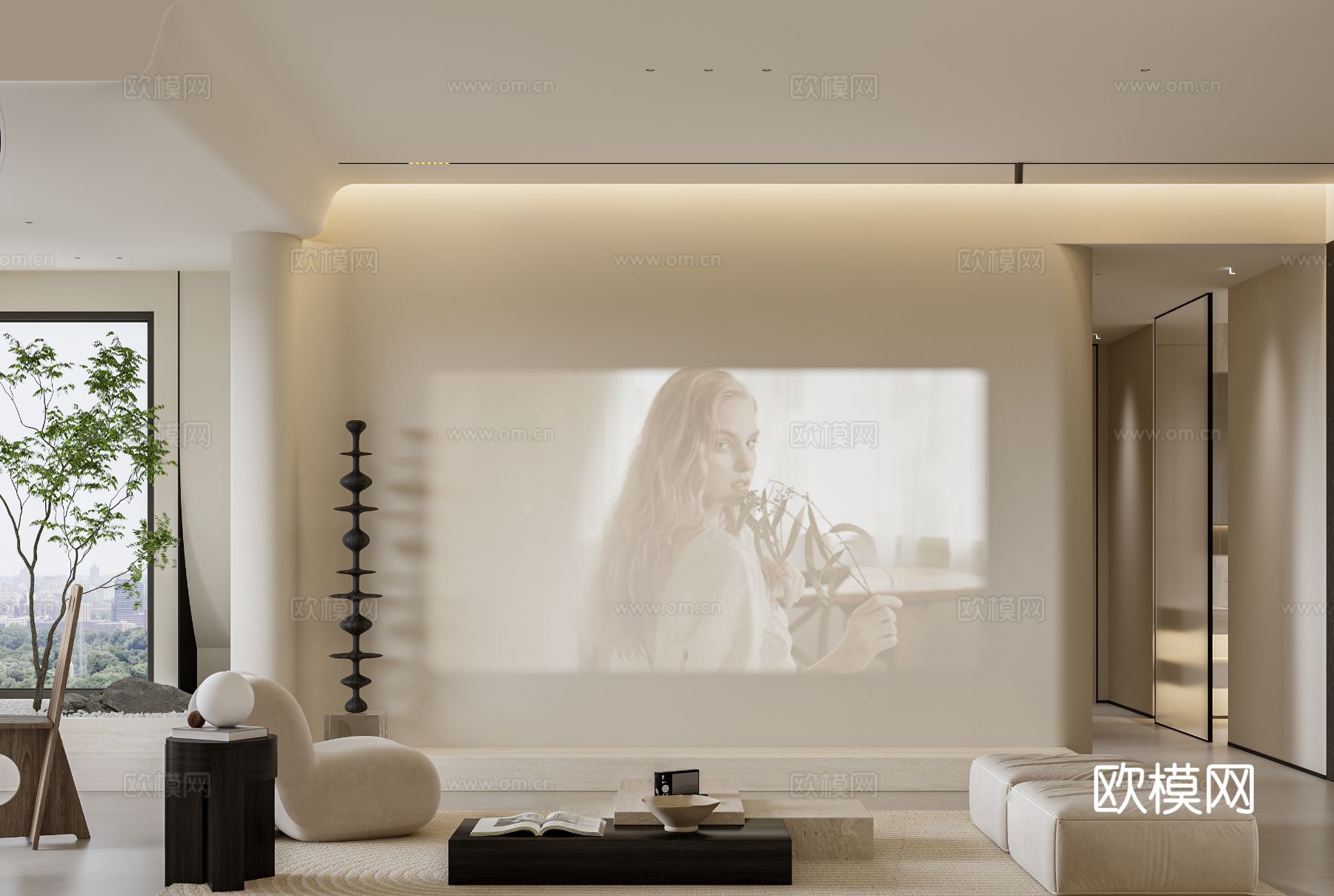 奶油风家装案例客厅 卧室效果图下载（渲染图18）