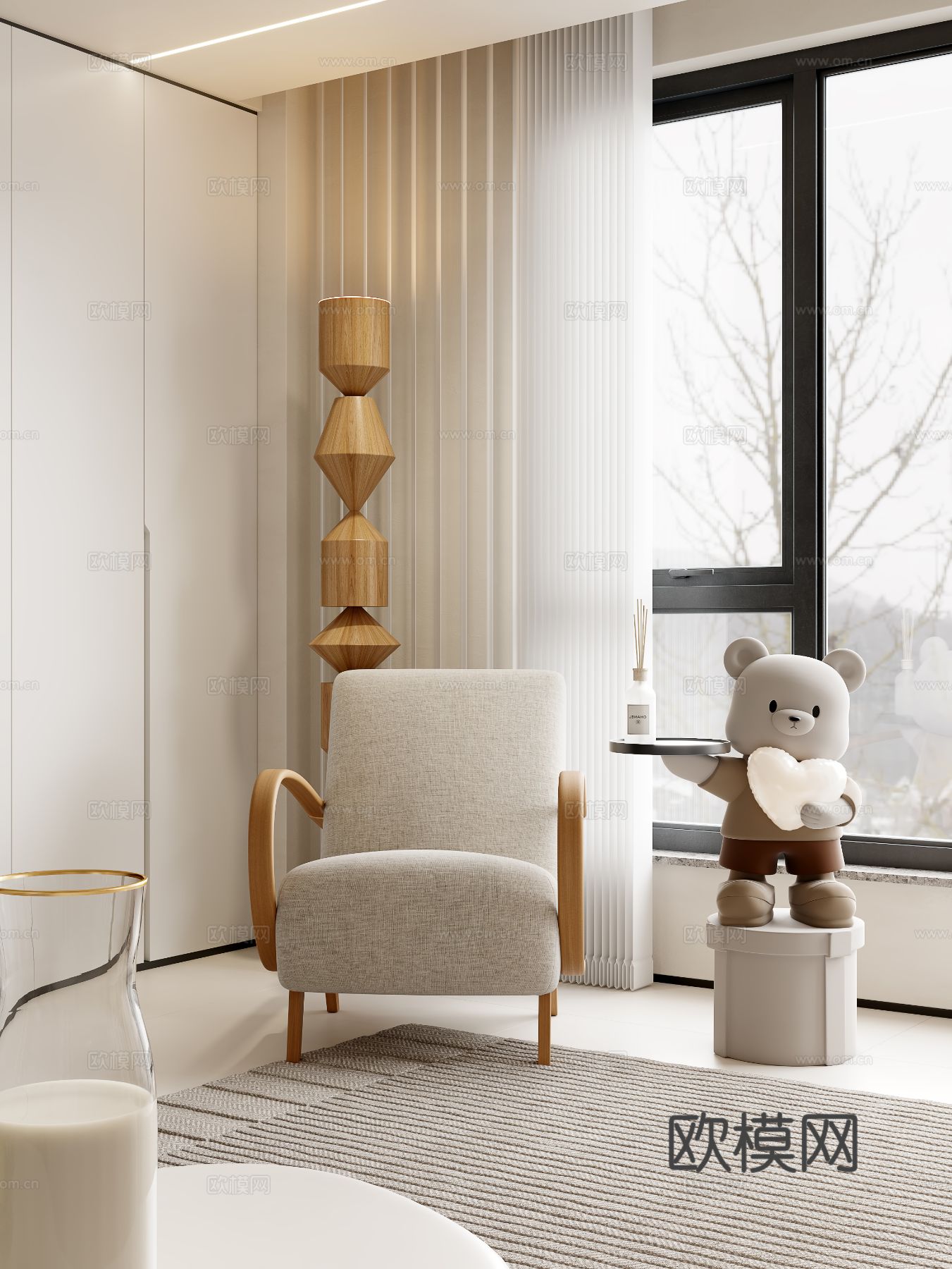 奶油风家装案例客厅 卧室效果图下载（渲染图5）