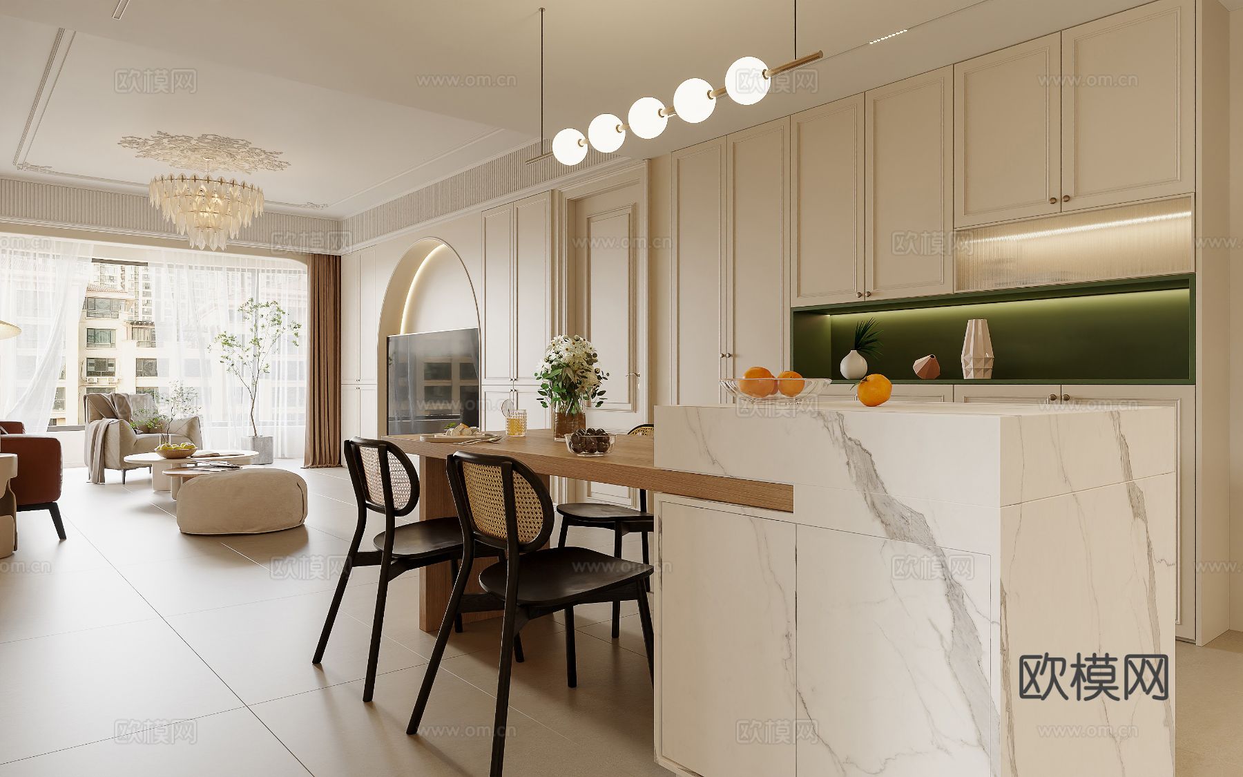 奶油风家装案例客厅卧室效果图下载（渲染图3）