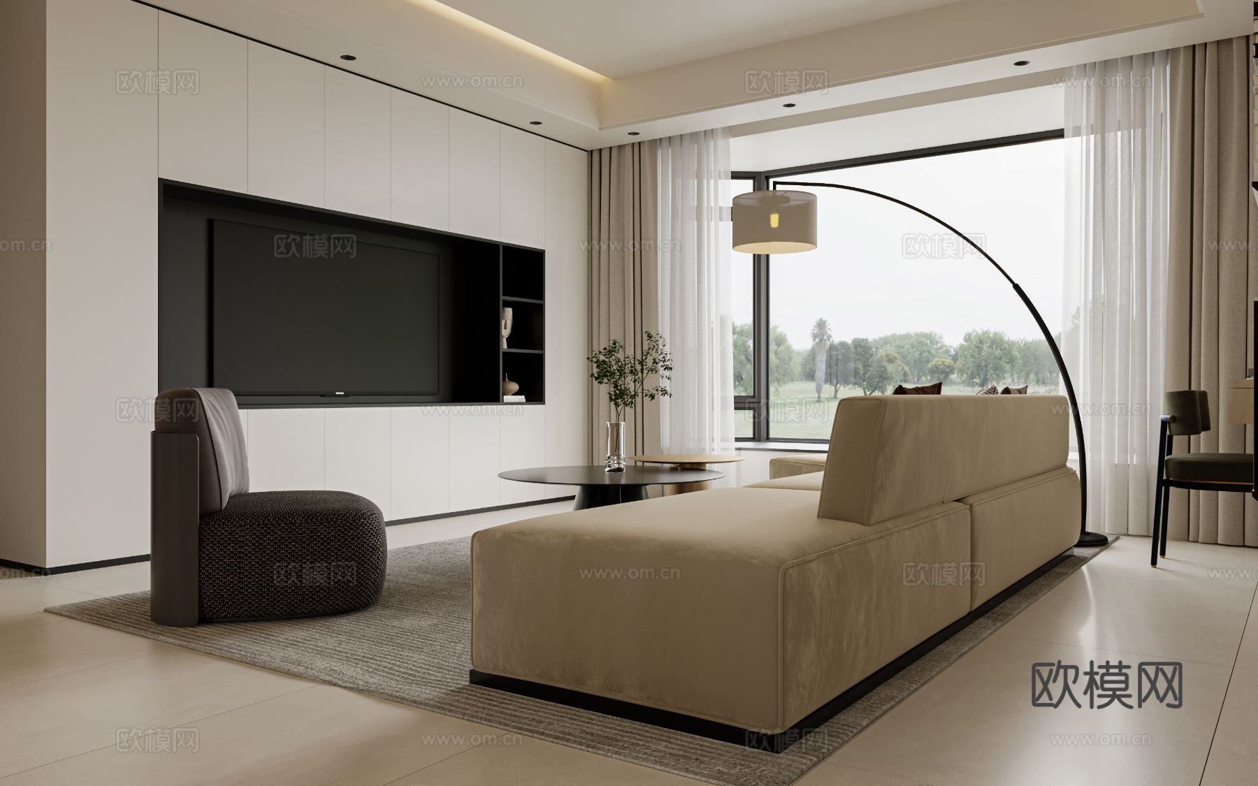 奶油风家装案例客厅 卧室效果图下载（渲染图3）