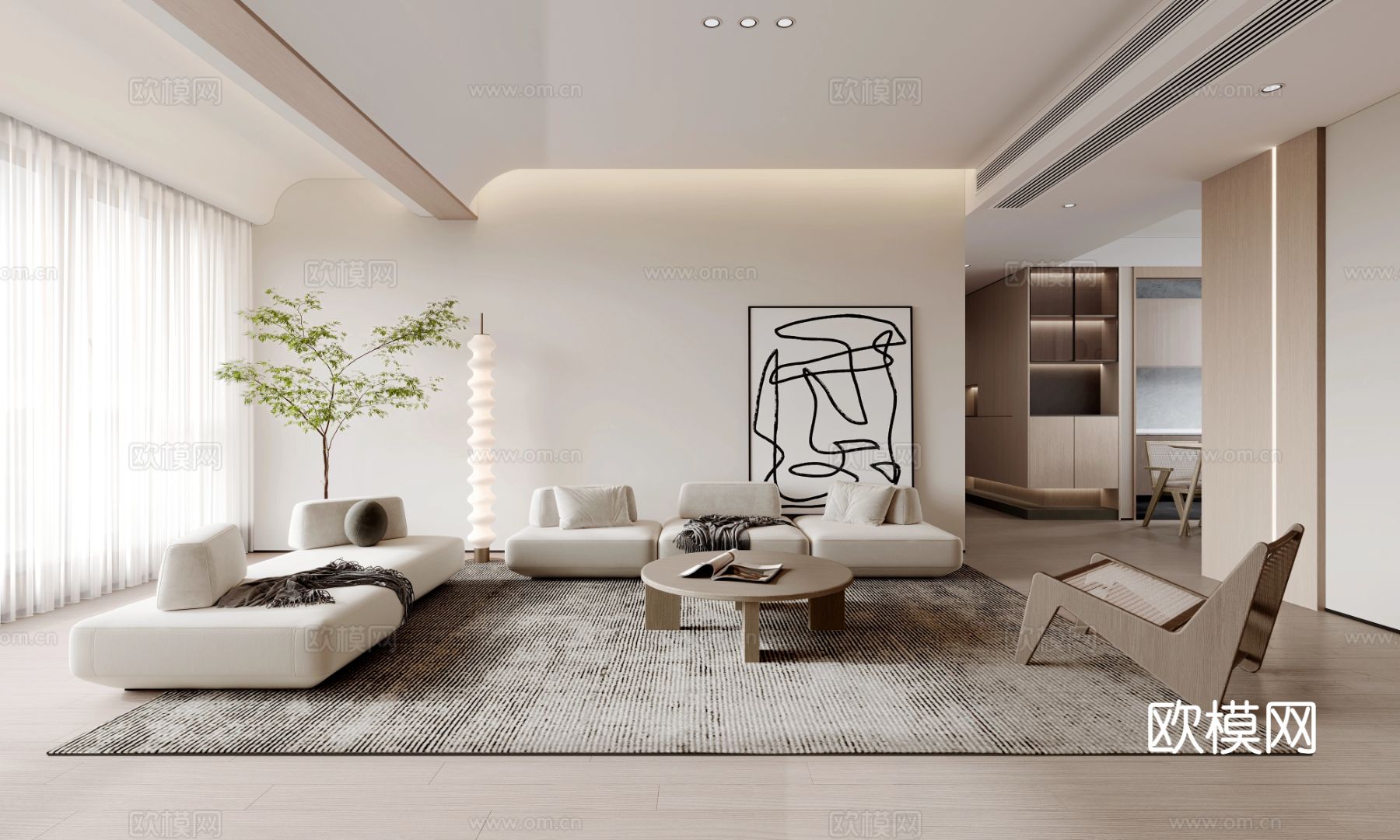 奶油风家装案例 客厅卧室效果图下载（渲染图1）