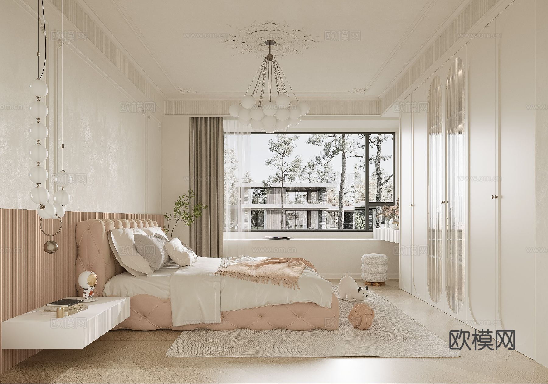 奶油风家装 大平层案例 客厅 卧室效果图下载（渲染图7）