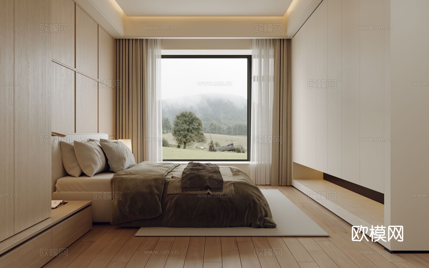 奶油风家装案例客厅 卧室效果图下载（渲染图12）