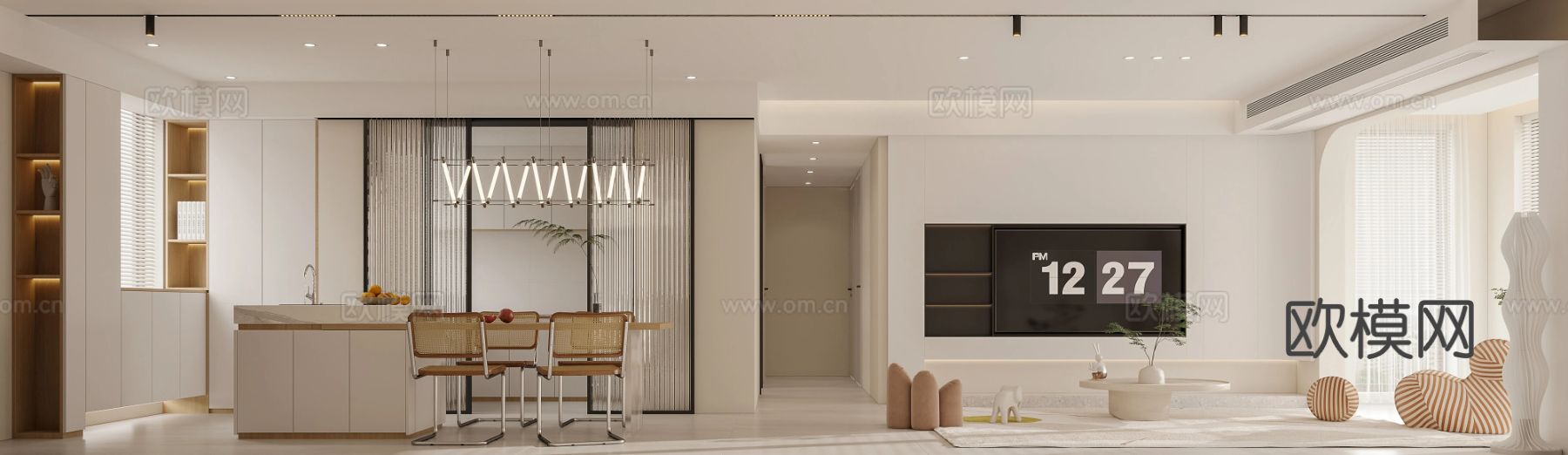 奶油风家装案例 客厅 卧室效果图下载（渲染图2）