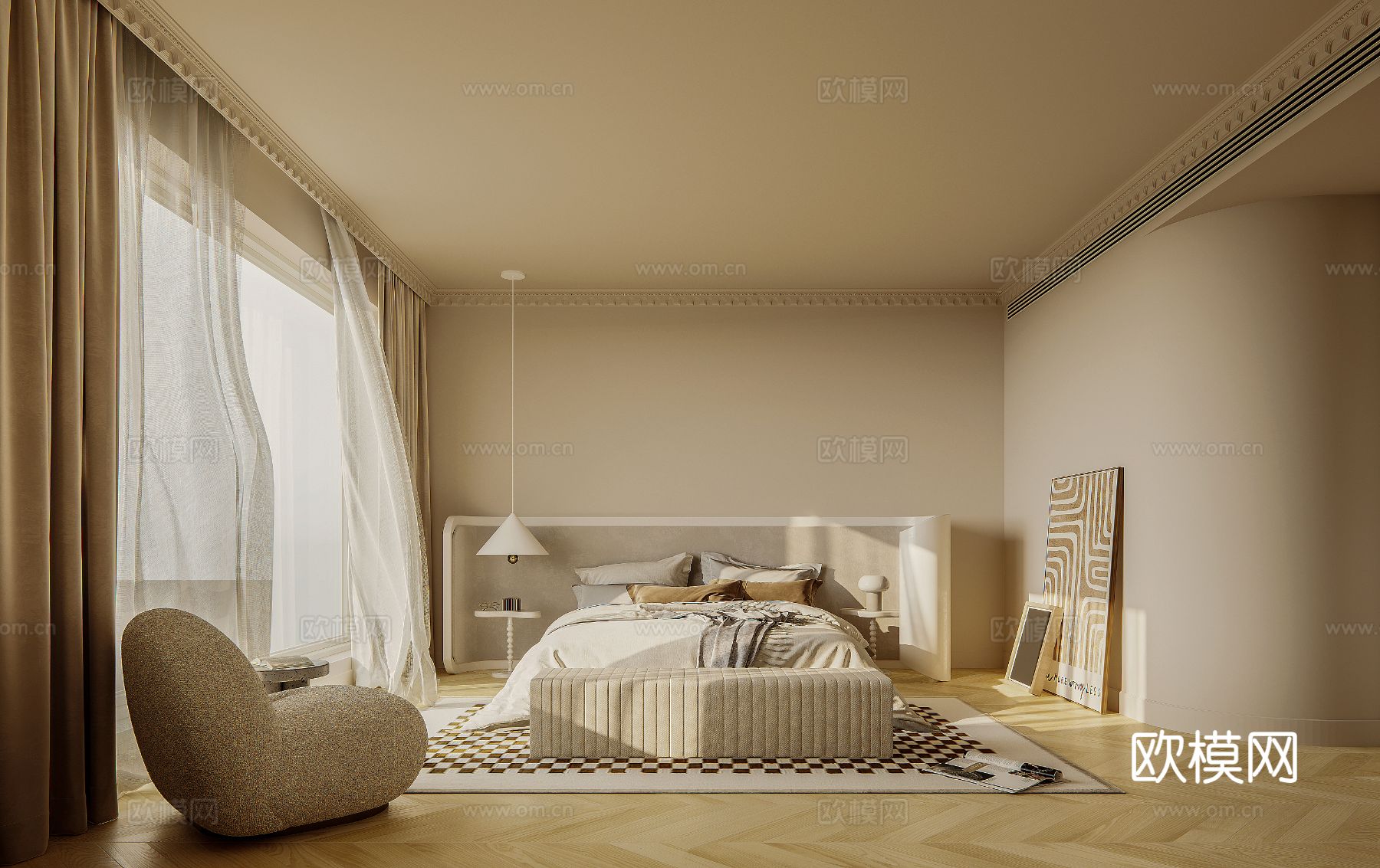 奶油风家装案例客厅 卧室效果图下载（渲染图11）