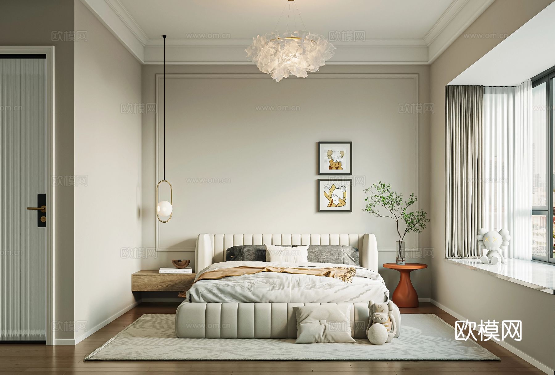 奶油风家装案例 客厅 卧室效果图下载（渲染图9）