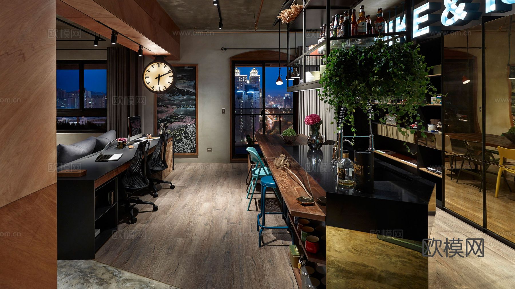现代工业风家装设计 餐厅客厅卧室效果图下载（渲染图3）