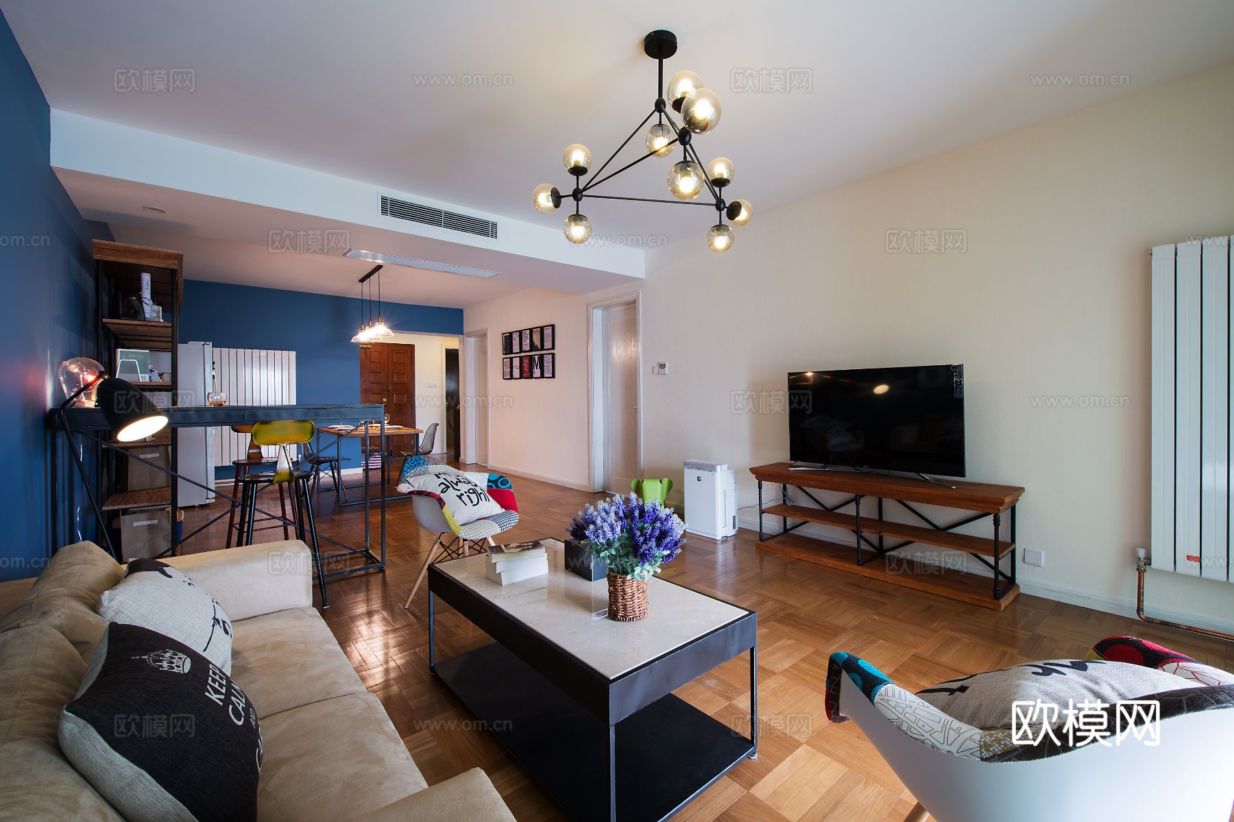 现代工业风平层家装 餐厅客厅卧室效果图下载（渲染图4）