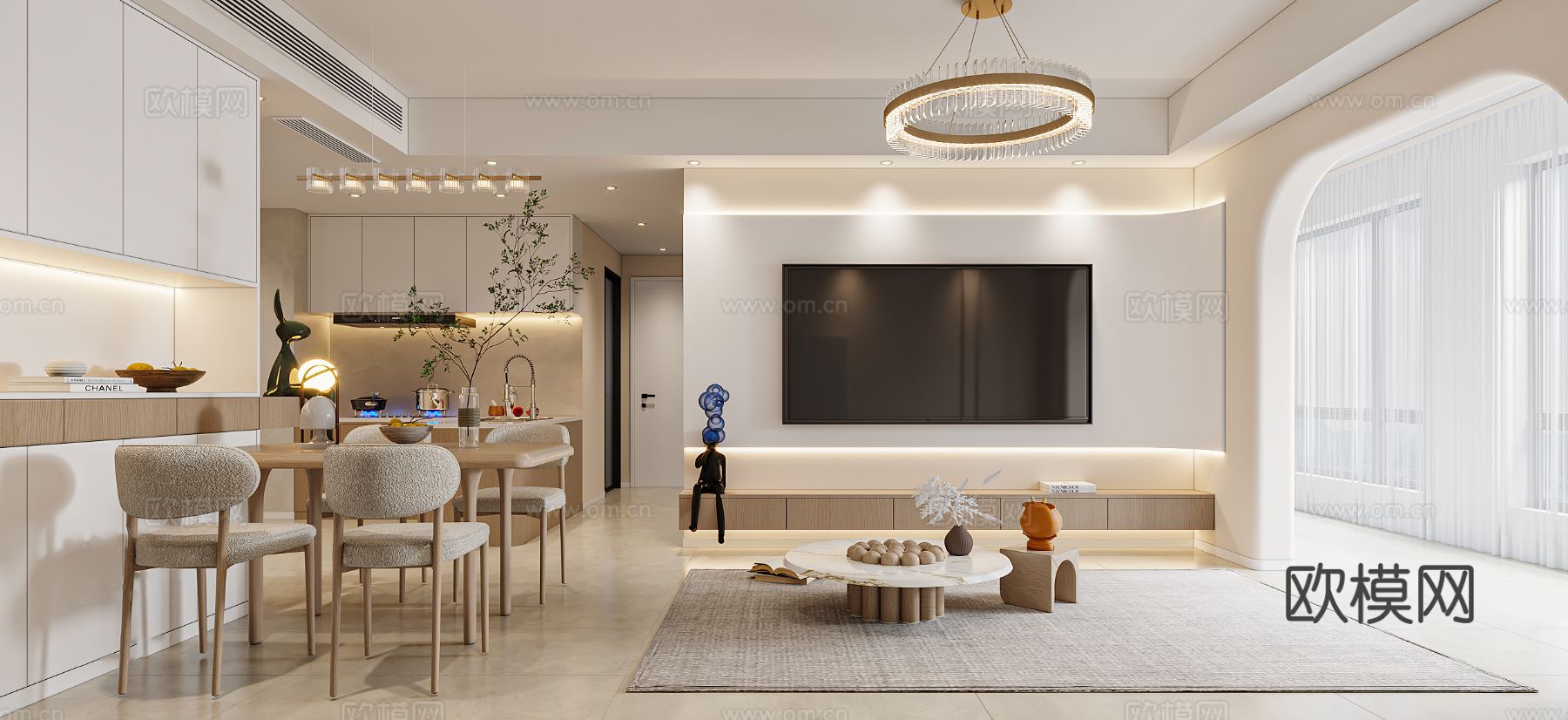 奶油风家装案例 客厅 卧室效果图下载（渲染图1）