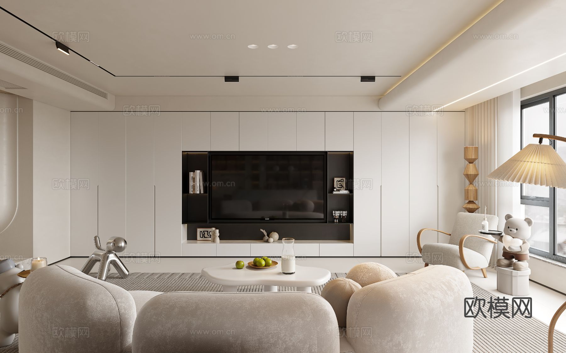 奶油风家装案例客厅 卧室效果图下载（渲染图6）