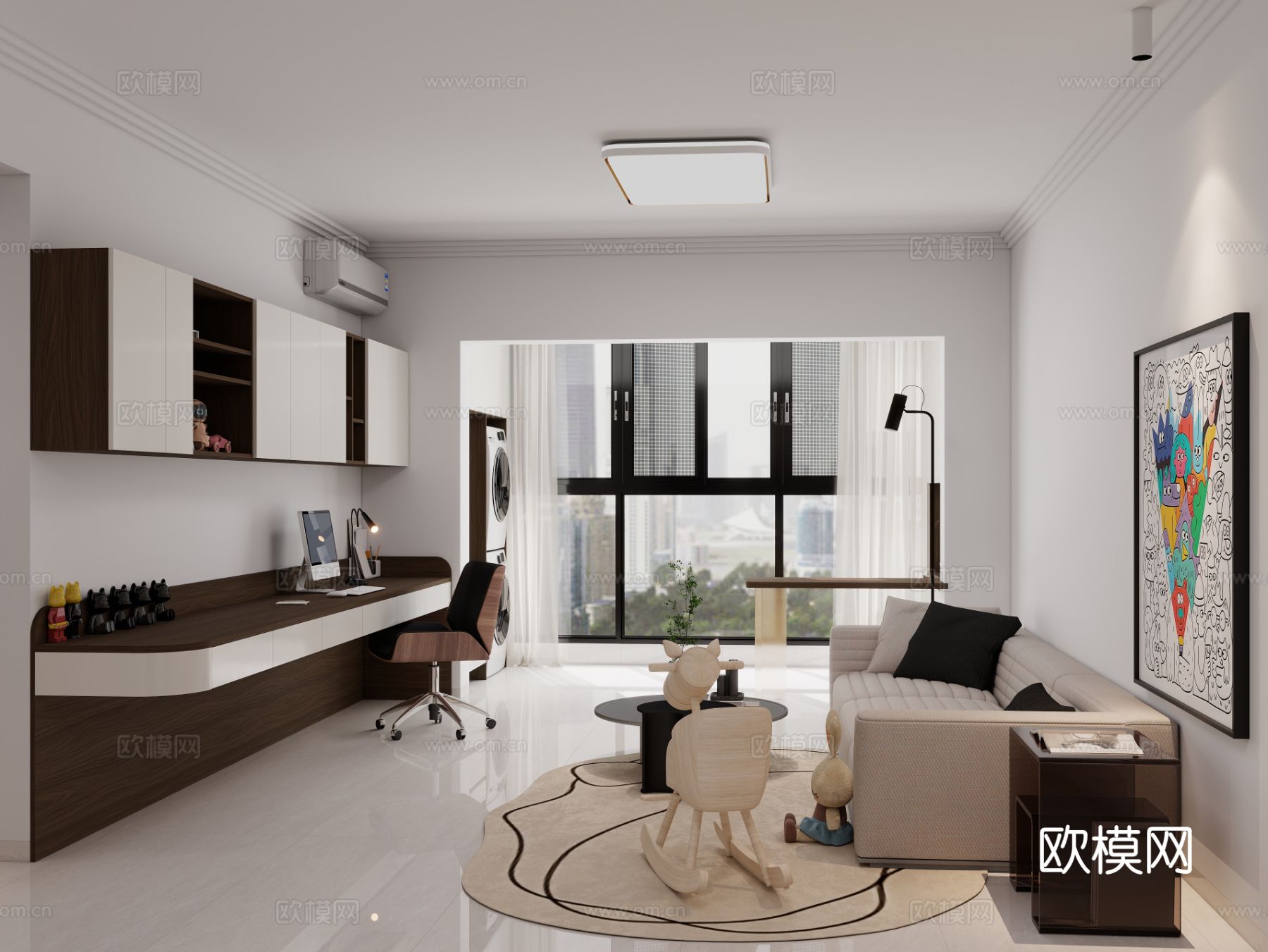 现代简约平层客餐厅效果图下载（渲染图1）