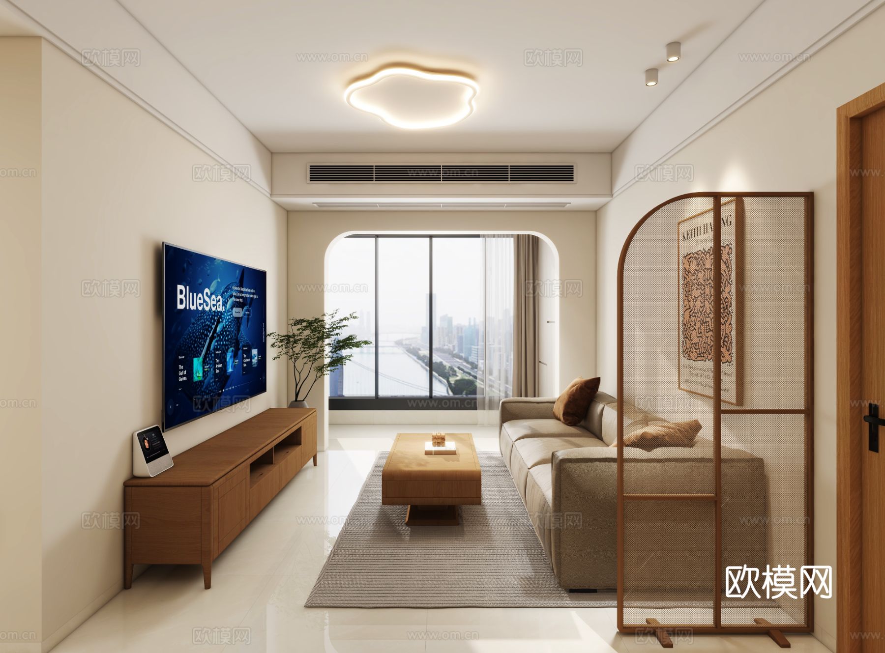 现代简约平层 客餐厅 卧室效果图下载（渲染图1）