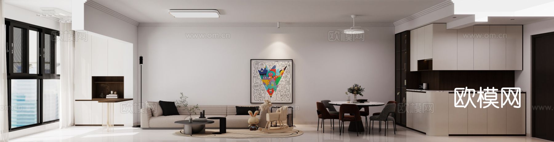 现代简约平层客餐厅效果图下载（渲染图2）