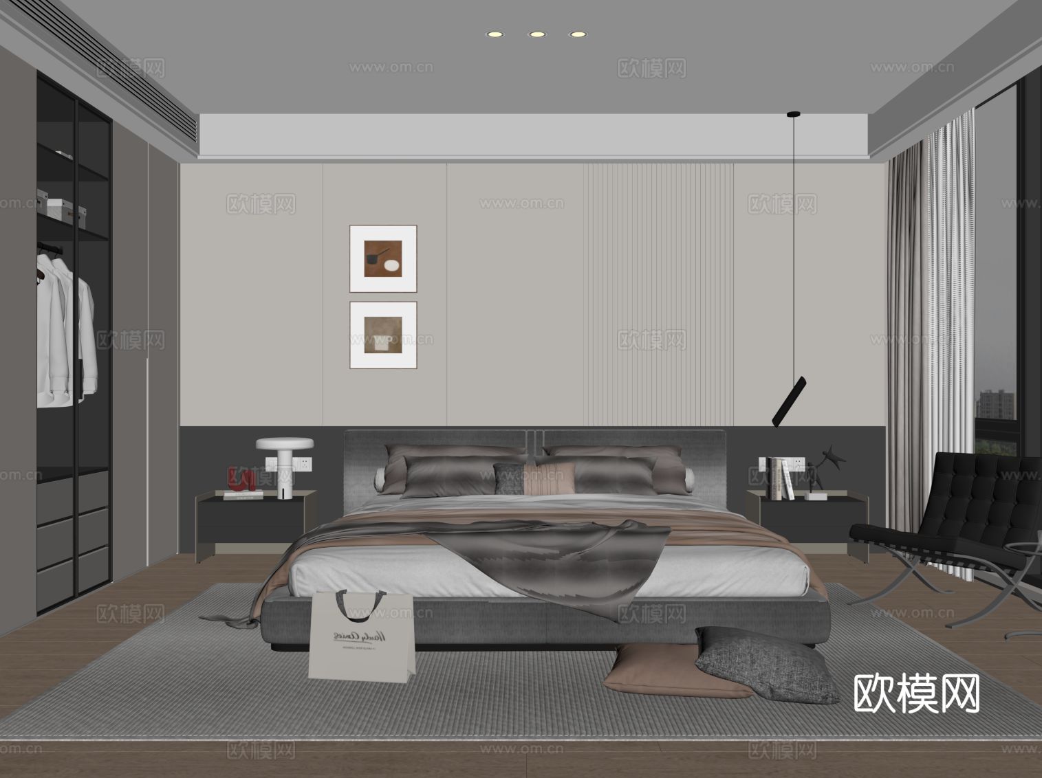 现代简约卧室 主卧 双人床 床头柜 衣柜su模型